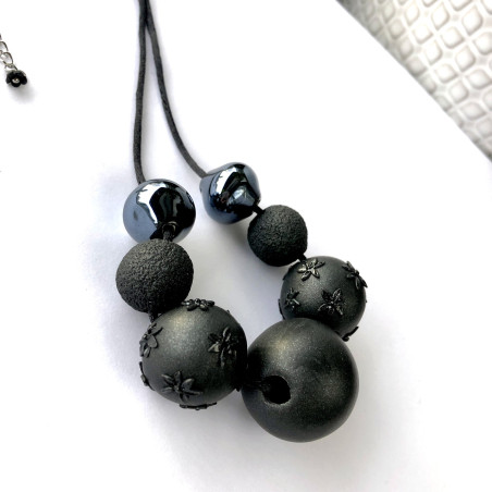 Black necklace with ceramic and polymer beads