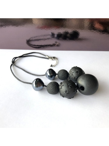 Black necklace with ceramic and polymer beads 2