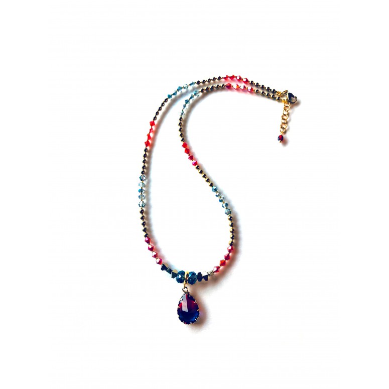 Necklace with a crystal shaded in blue and red