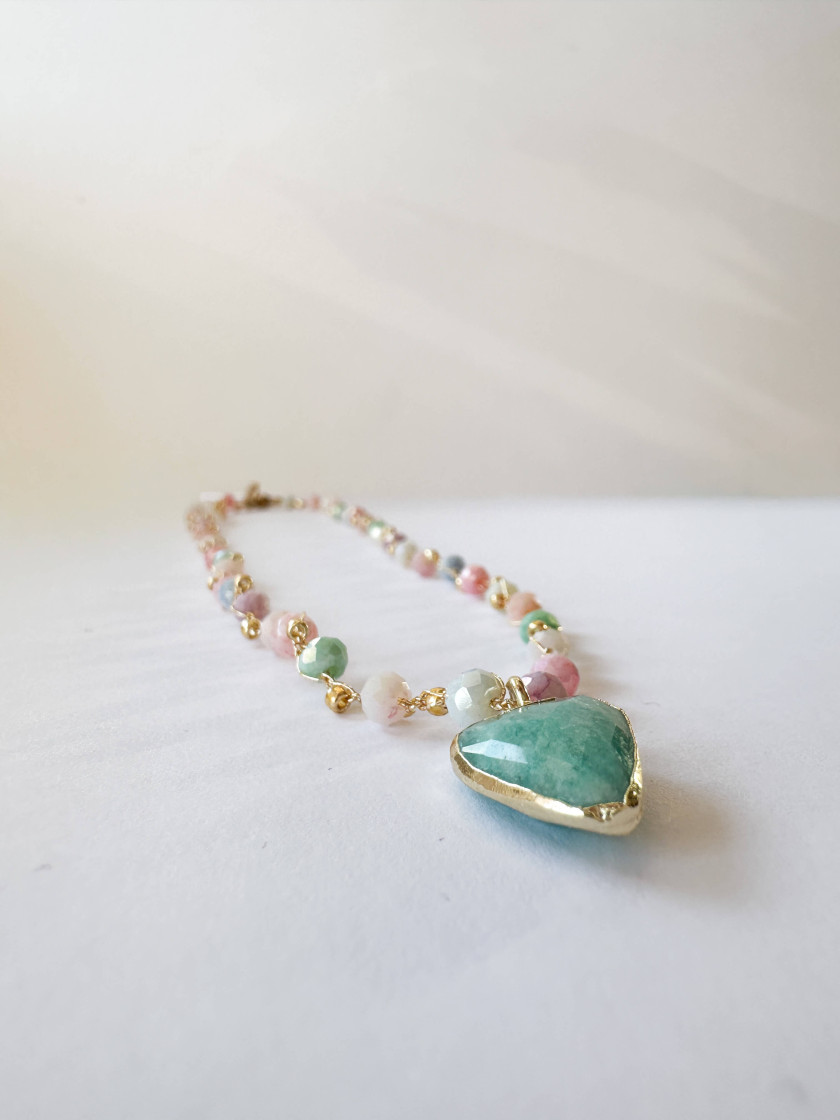 Pastel Crystal Necklace with Amazonite Heart – Handmade Gold Thread Necklace