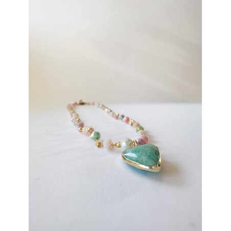 Pastel Crystal Necklace with Amazonite Heart – Handmade Gold Thread Necklace