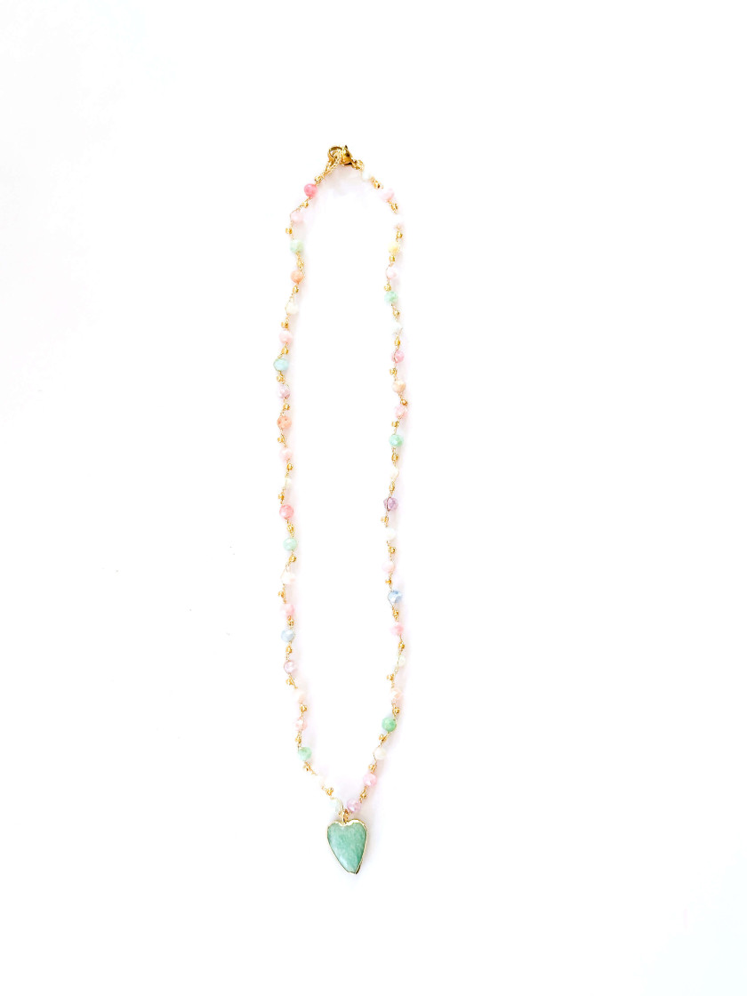 Pastel Crystal Necklace with Amazonite Heart – Handmade Gold Thread Necklace