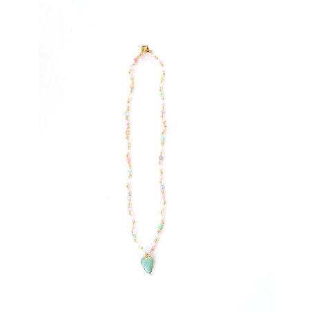 Pastel Crystal Necklace with Amazonite Heart – Handmade Gold Thread Necklace