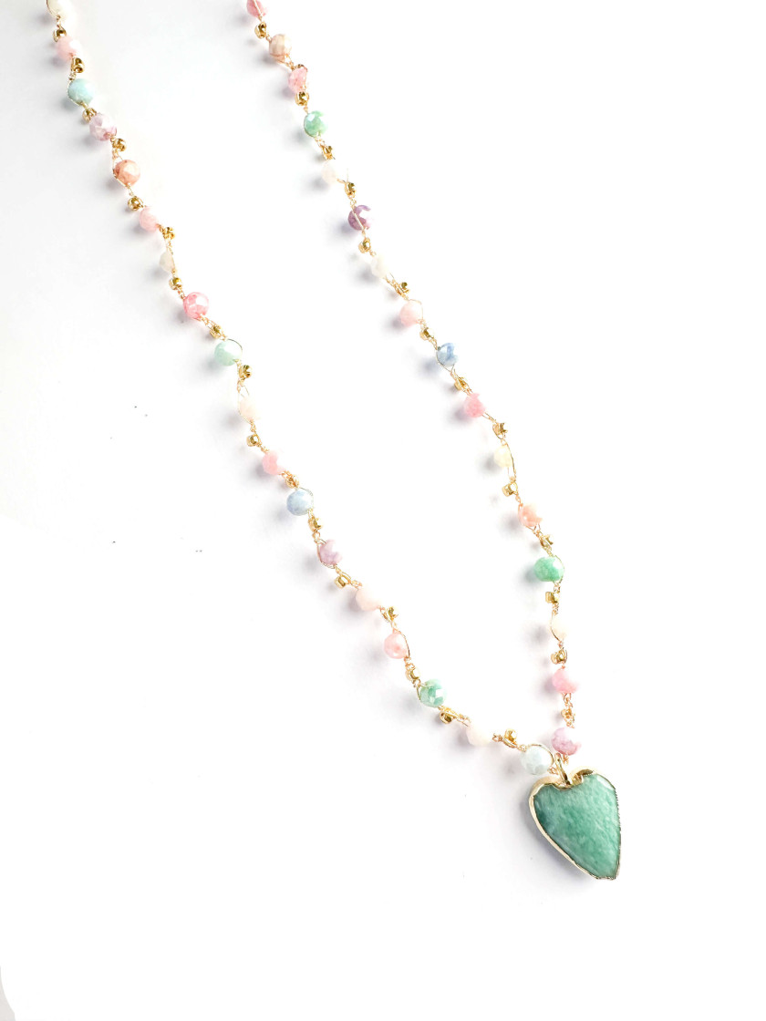 Pastel Crystal Necklace with Amazonite Heart – Handmade Gold Thread Necklace