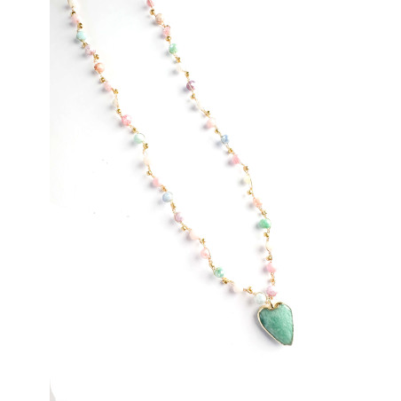 Pastel Crystal Necklace with Amazonite Heart – Handmade Gold Thread Necklace