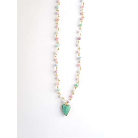 Pastel Crystal Necklace with Amazonite Heart – Handmade Gold Thread Necklace