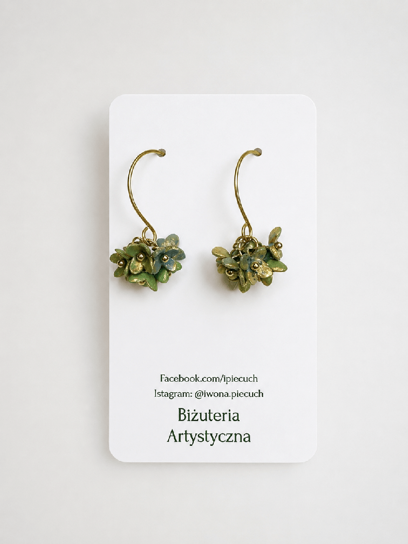 Kolczyki kwiatowe zielono-złote handmade | Biżuteria Artystyczna