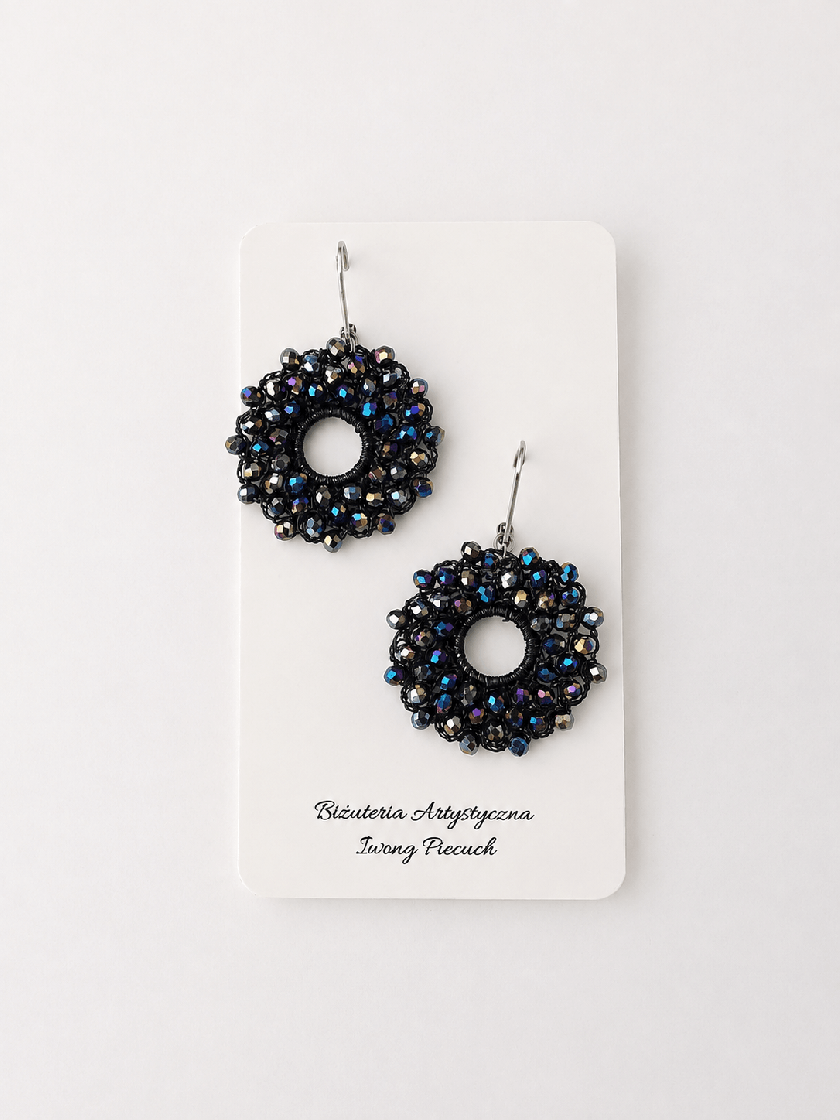 Czarne kolczyki z kryształkami handmade | Biżuteria artystyczna